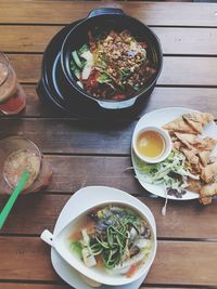 High angle view of meal served on table