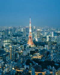 Illuminated cityscape against clear sky