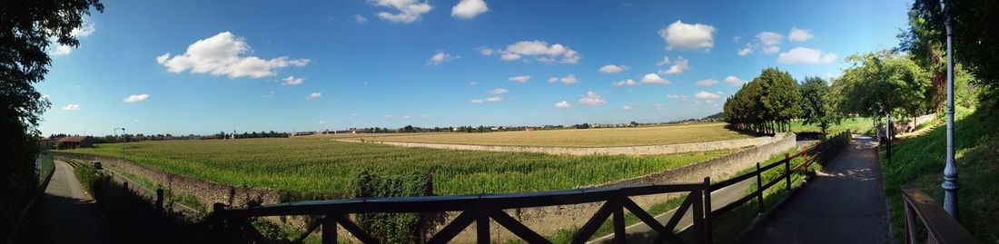 Panoramic view of agricultural field against sky