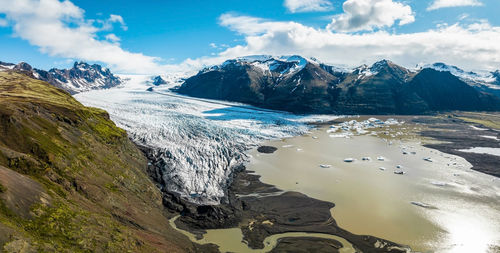 Aerial panoramic view of the skaftafell glacier, iceland