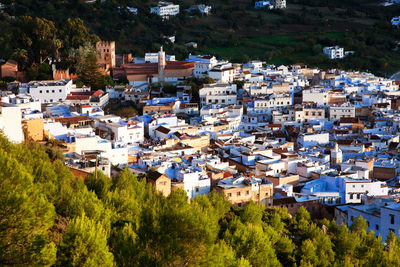 High angle view of houses in town