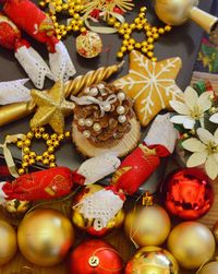 High angle view of christmas decorations