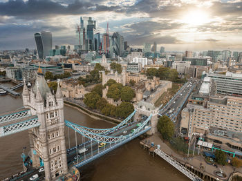 Aerial view of the tower bridge, central london, from the south bank of the thames.