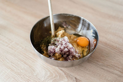 High angle view of breakfast in bowl on table