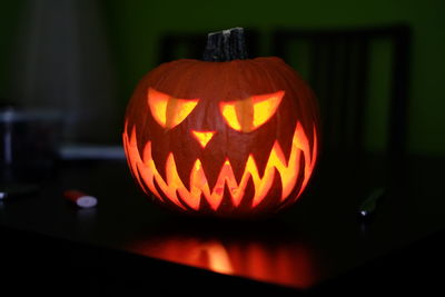 Close-up of illuminated halloween pumpkin