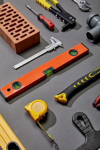 High angle view of work tools on table