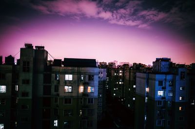 Buildings in city at sunset