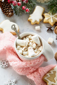 Christmas background frame or greeting xmas card. christmas table decor and a cup of hot chocolate. 