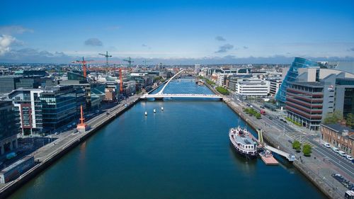 Dublin view from 50 meters above, samuel beckett bridge. 