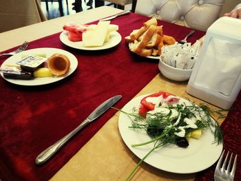 Close-up of food served on table