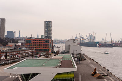 Buildings and harbor against clear sky