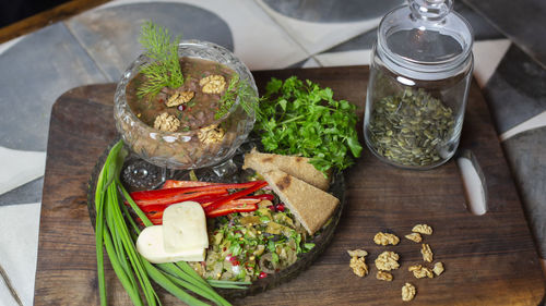 High angle view of food on table