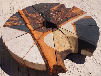 High angle view of rusty wood on wooden wall