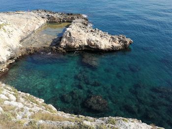 High angle view of rocks in sea