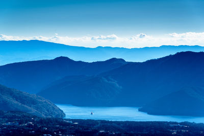 Scenic view of mountains against sky with lake in midground.