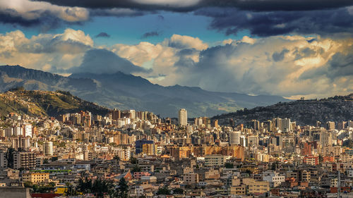 High angle view of cityscape against cloudy sky