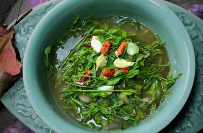 High angle view of chopped vegetables in bowl