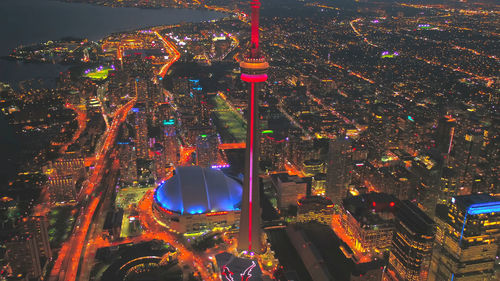 High angle view of illuminated buildings in city at night.toronto city,cannada