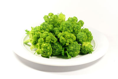 High angle view of vegetables in bowl against white background