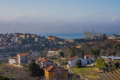 High angle view of townscape against sky during sunset