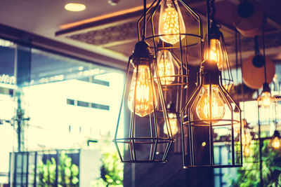 Low angle view of illuminated light bulbs hanging at home