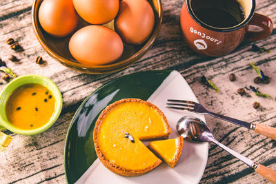 High angle view of breakfast on table