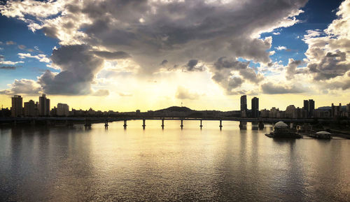 Panoramic view of river and buildings against sky