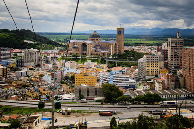 High angle view of buildings in city against sky