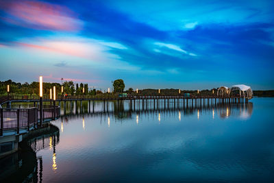 Scenic view of river by buildings against blue sky