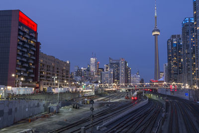 View of city lit up at night