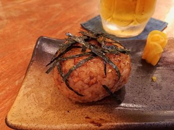 Close-up of meat in plate on table