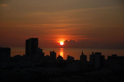 Silhouette of city at sunset
