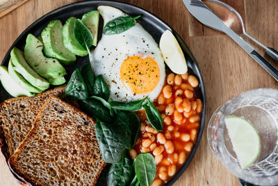 High angle view of breakfast served on table