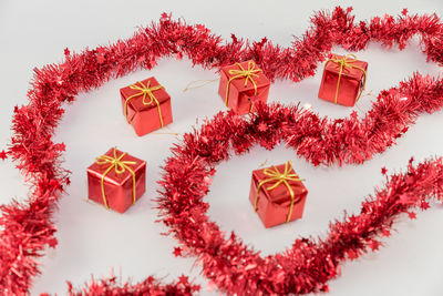 High angle view of christmas decorations on tree