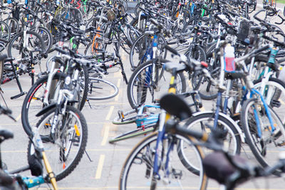 Bicycles parked on street in city