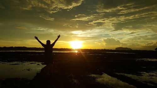 Silhouette hand against sky during sunset