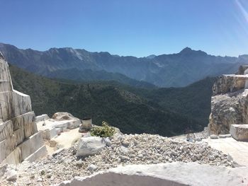 Scenic view of mountains against clear blue sky