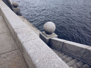 High angle view of retaining wall by sea