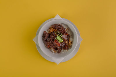 High angle view of food in plate on table