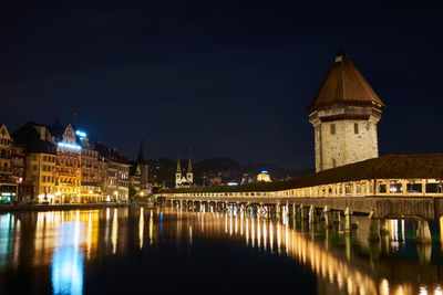 Reflection of illuminated buildings in water at night