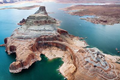 High angle view of rock formations on shore