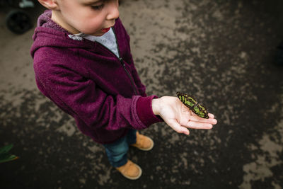 High angle view of boy holding butterfly while standing on road