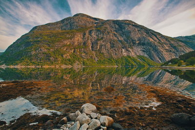 Scenic view of lake and mountains against sky