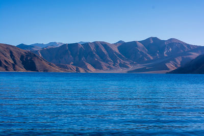 Scenic view of sea by mountains against clear blue sky