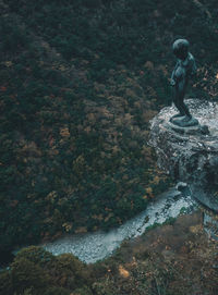 High angle view of woman looking at waterfall