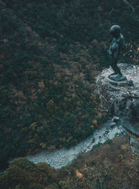 High angle view of woman looking at waterfall
