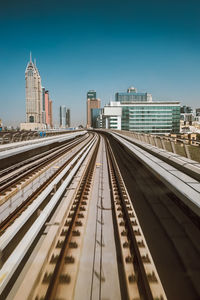 Railroad tracks by buildings against clear sky