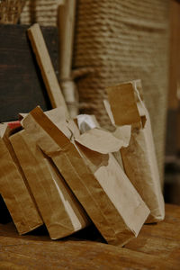 High angle view of paper on table at home