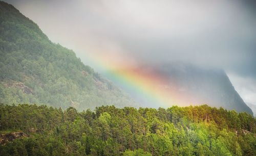 Scenic view of rainbow over mountains against sky