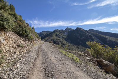 Road leading towards mountains against sky